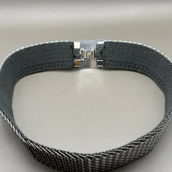 Vintage Women's Belt Small Medium Silver Fish Scale Metal Stretch Floral Buckle - Picture 14 of 15